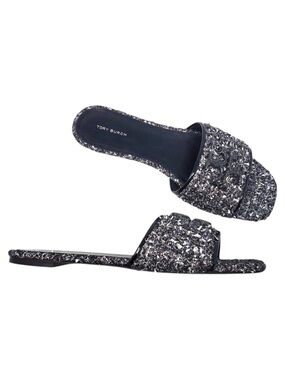 Tory Burch Eleanor Pave Logo Slide Sandal Silver Confetti Perfect Black Size 11M